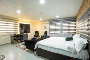 ein Schlafzimmer mit einem großen Bett, einem Schreibtisch und einem Computer in der Unterkunft VIDDOSH RESIDENCE in Ibadan