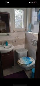 a bathroom with a toilet and a sink and a window at Przytulny in Łęczyca