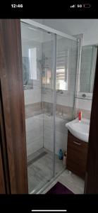 a bathroom with a shower and a sink at Przytulny 