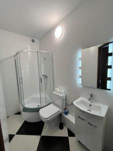 a bathroom with a shower and a toilet and a sink at AtmosferA in Bydgoszcz