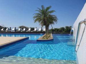 弗洛里亚诺波利斯Suas férias com todo conforto PÉ NA AREIA的一个带棕榈树和椅子的大型游泳池 更多48张照片