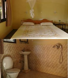 a bedroom with a bed with a toilet and a sink at Jungle Base Camp in Bardia