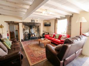 FeethamにあるPursglove Cottageのリビングルーム(革製家具、暖炉付)