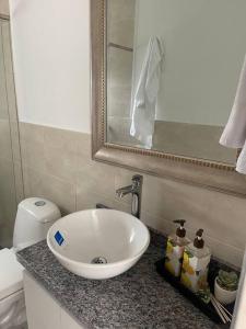 a bathroom with a sink and a toilet and a mirror at Ubicación Inigualable Pinares Circunvalar in Pereira