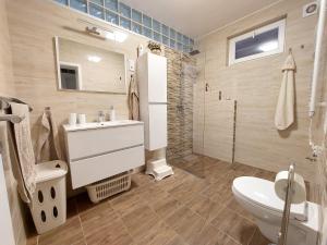 a bathroom with a sink and a toilet in it at Ildikó lak in Vonyarcvashegy