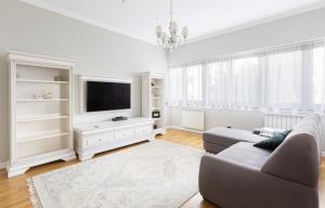 a living room with a couch and a tv at Cranta Hillside Apartment in Braşov