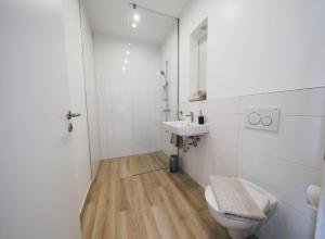 łazienka z toaletą i umywalką w obiekcie Main Boardinghouse w mieście Erlenbach am Main