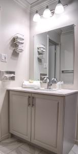 a bathroom with a sink and a mirror at Apollo Motel in Kapuskasing