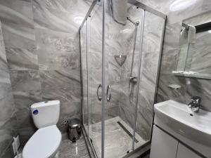 a bathroom with a shower and a toilet and a sink at Yavir in Poltava