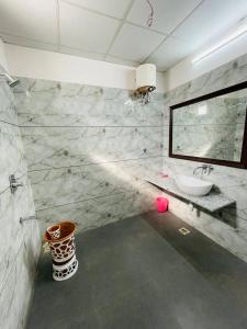 ein Bad mit einem Waschbecken und einem Spiegel in der Unterkunft Krishna kottage A Boutique Home Stay in Udaipur