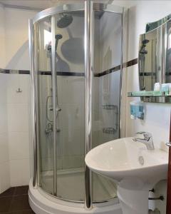 a bathroom with a shower and a sink at Hotel Ananuri in Ananuri