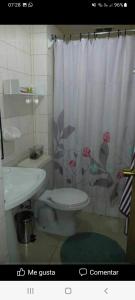 a bathroom with a toilet and a shower curtain at Maya in Valdivia