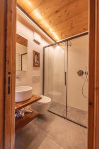 a bathroom with a toilet and a glass shower at Casa Alvera Dream in Cortina dʼAmpezzo
