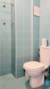 a bathroom with a white toilet and blue tiles at Heart of Old Town studio with self check in in Bucharest