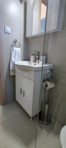 ein weißes Badezimmer mit einem Waschbecken und einem Spiegel in der Unterkunft City Hall studio apartment in Tríkala