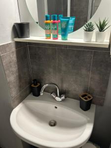 a bathroom sink with toothbrushes and cups on a shelf at Studio lumineux avec balcon à proximité de la mer in Nice