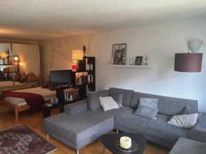 a living room with a blue couch and a bed at Apartmenthaus Majesta in Leukerbad