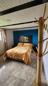 a bedroom with a bed with a blue wall at Carpe Diem in Guatavita