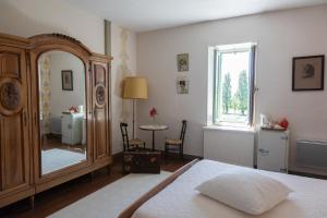 Mortagne-sur-GirondeにあるLe Domaine du Meunierのベッドルーム(大きな鏡、ベッド付)
