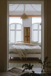 a bedroom with a bed and two windows at Superbe appartement avec cheminée in Verviers