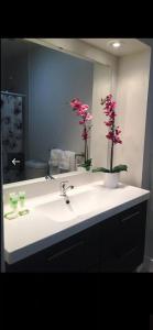 lavabo en el baño con 2 flores rosas en el espejo en Splendid Penthouse with Balcony & Free Parking, en Miami Beach