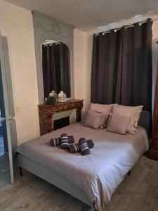 a bedroom with a bed with pillows and a mirror at Hyper centre Sweet Cosy Bellifontaine 4 personnes in Fontainebleau