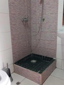 ein Bad mit einer Dusche und einer Ziegelwand in der Unterkunft Mionga in Santa Cruz