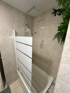 eine Dusche mit Glastür im Bad in der Unterkunft Reel Apartments- Luxury Studio with swimming pool. in Torrevieja