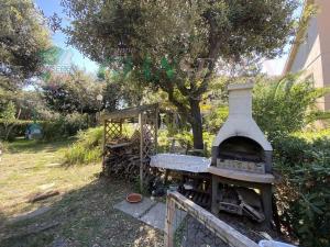 einen Außenofen in einem Garten neben einem Baum in der Unterkunft 7 posti letto con accesso diretto al mare - PAPI in San Vincenzo