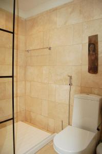 a bathroom with a toilet and a glass shower at Y Bwthyn Bach Cute Stone Cottage in Tywyn in Tywyn