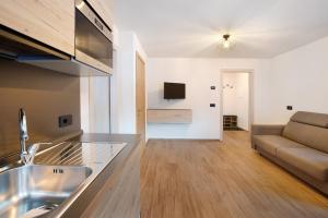 eine Küche und ein Wohnzimmer mit einem Waschbecken und einem Sofa in der Unterkunft Palipert Nature House in Livigno