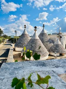 a group of pyramid roofs with a plant in the foreground at La Pergola in Locorotondo