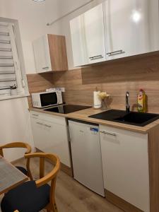 eine kleine Küche mit einer Spüle und einer Mikrowelle in der Unterkunft CentROOM Nagykanizsa in Nagykanizsa