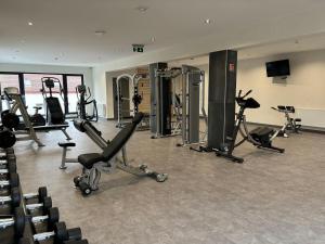 - une salle de sport avec plusieurs tapis de course et vélos d'exercice dans l'établissement Ikonik Spa Hotel, à Nyíregyháza