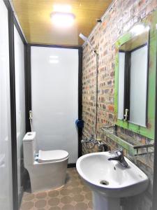 a bathroom with a sink and a toilet and a mirror at Homestay Happy Home Sóc Sơn in Hanoi