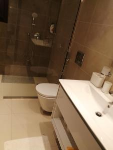 y baño con aseo, lavabo y ducha. en Hawana Forest Island - Simplex House, en Salalah