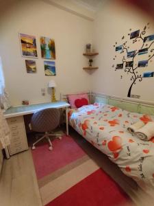 a bedroom with a desk and a bed and a deskictericter at Irene's cozy apartment in Volos