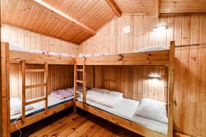 Korsbakken Camping في Isfjorden: كابينة خشبية فيها سريرين بطابقين