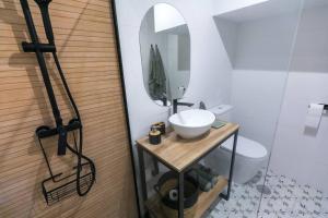 ein Badezimmer mit einem Waschbecken, einem WC und einem Spiegel in der Unterkunft Estudio-oficina moderno, centro de Jaén in Jaén