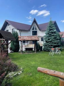 ein Haus mit einem Picknicktisch und einem Baum in der Unterkunft Casa Nicholas in Zărneşti