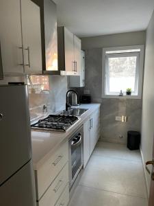 a kitchen with a sink and a stove top oven at Departamento Fabuloso 3 in Rosario