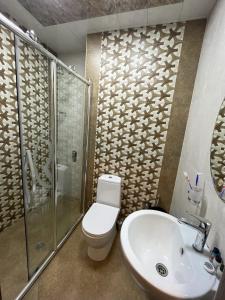 uma casa de banho com um WC, um chuveiro e um lavatório. em Royal Boutique Baku em Baku
