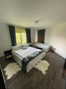 1 Schlafzimmer mit 2 Betten und 2 Teppichen in der Unterkunft Casa Nicholas in Zărneşti