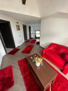 ein Wohnzimmer mit einer roten Couch und roten Teppichen in der Unterkunft Casa Nicholas in Zărneşti