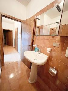 Appartamento Bresimo في Bresimo: حمام مع حوض ومرآة