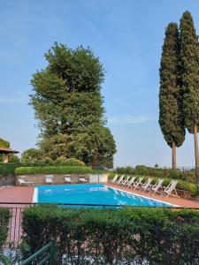 una piscina con tumbonas y árboles en Rosa Flat - with Pool, en Polpenazze del Garda