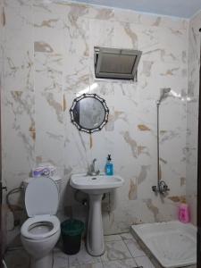 ein Badezimmer mit einem WC, einem Waschbecken und einem Spiegel in der Unterkunft City Center in Gerasa