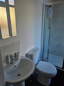 a bathroom with a toilet and a sink and a shower at Quiet Hideout in Southend-on-Sea