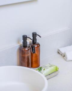 two bottles of soap sitting next to a sink at Le Grenier Luxury Loft in Franschhoek