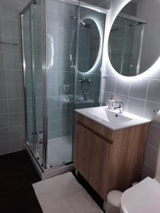 y baño con ducha, lavabo y espejo. en Casa Arte Nova do Rossio, en Aveiro